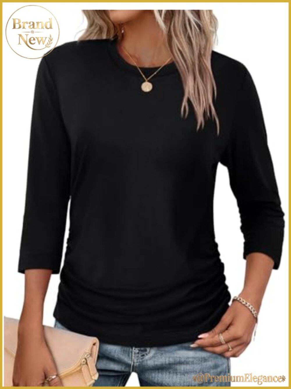 Womens 3/4 Sleeve Ruched Crewneck Blouse Business Casual Summer Top